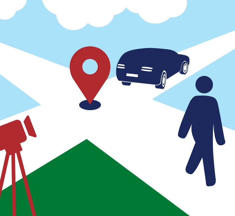 An illustration of a car and a pedestrian on either side of an intersection and a video camera on a tripod pointed at the intersection's center point.